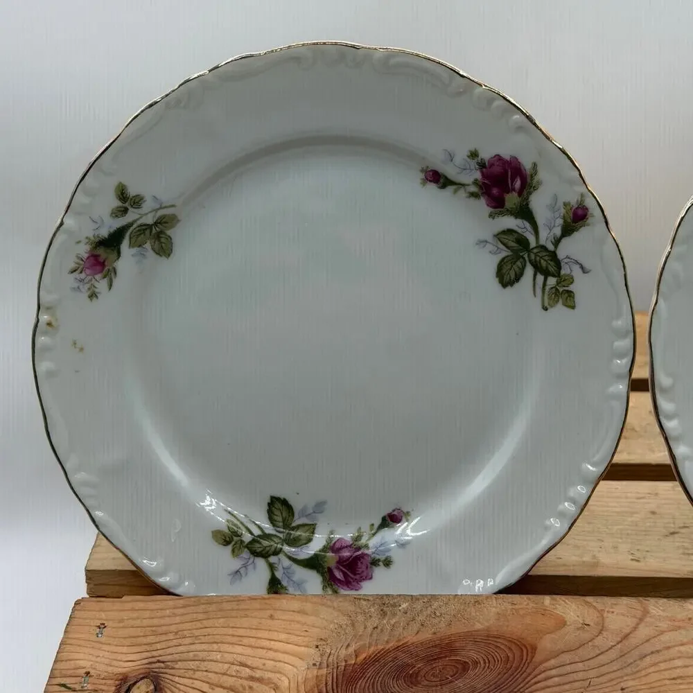 Vintage Pink Rose Porcelain Saucer / Dessert Plates with Gold Trim – Set of 5